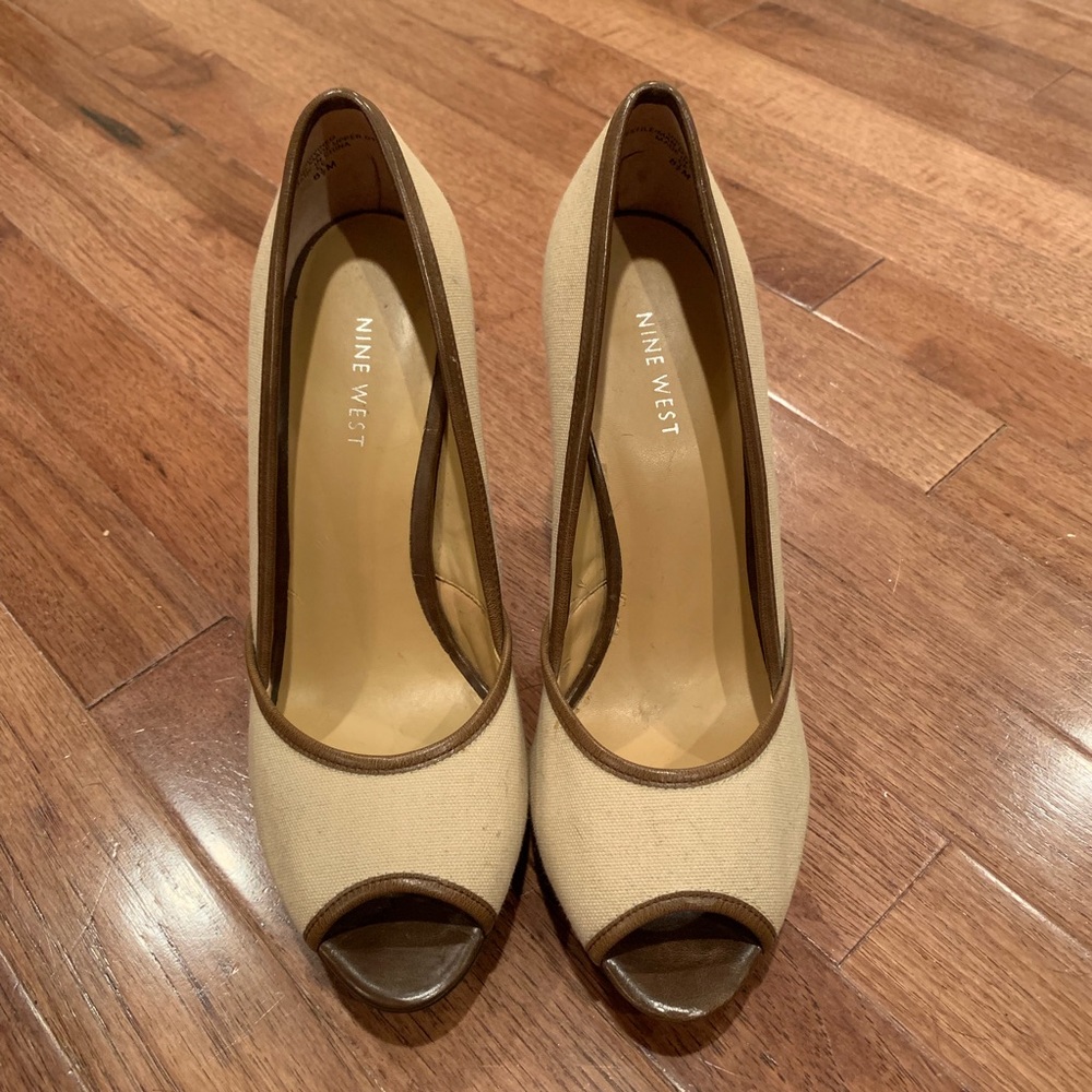 Nine West Tan Canvas Peep Toe Heels